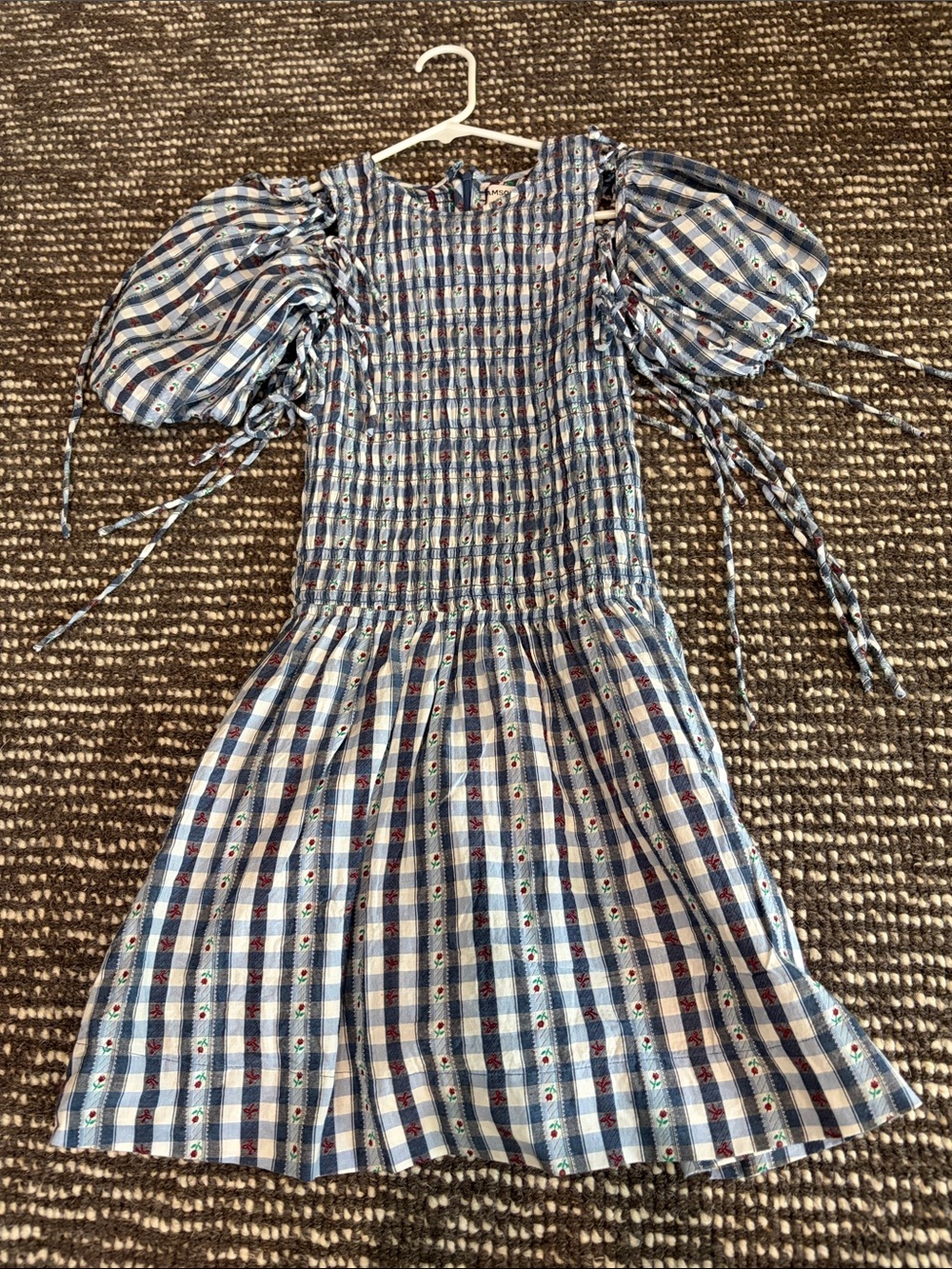 Smocked Puff-Sleeve Mini Dress in Blue Plaid